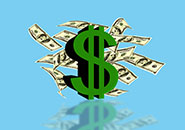Dollar sign of the USA with currency notes on a blue background